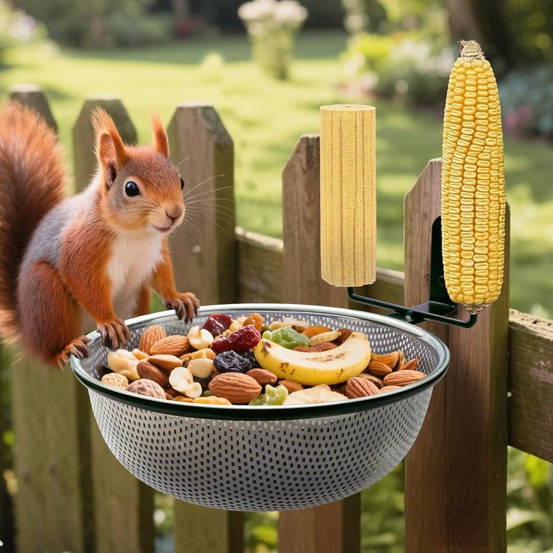 Yojanner Squirrel Feeder Bowl (2L) Trees or Fences Mounted, Removable Squirrel Feeder with 2 Squirrel Corn Cob Spikes, Outdoor 8.8" Stainless Steel Feed Bowl with Drainage Holes, Easy to Clean/Refill(Black) - Image 2